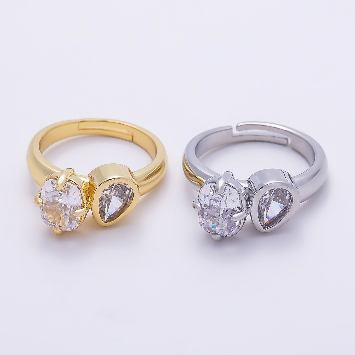 16K Gold Filled Clear CZ Teardrop Bezel Oval Prong Toi et Moi Solitaire Ring in Gold & Silver | Rings-00276 Rings-00277 - DLUXCA