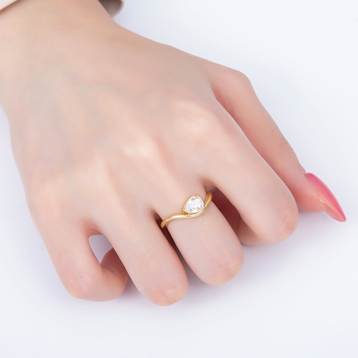 16K Gold Filled Clear CZ Teardrop Curved Solitaire Pinky Ring | Rings-00275 - DLUXCA