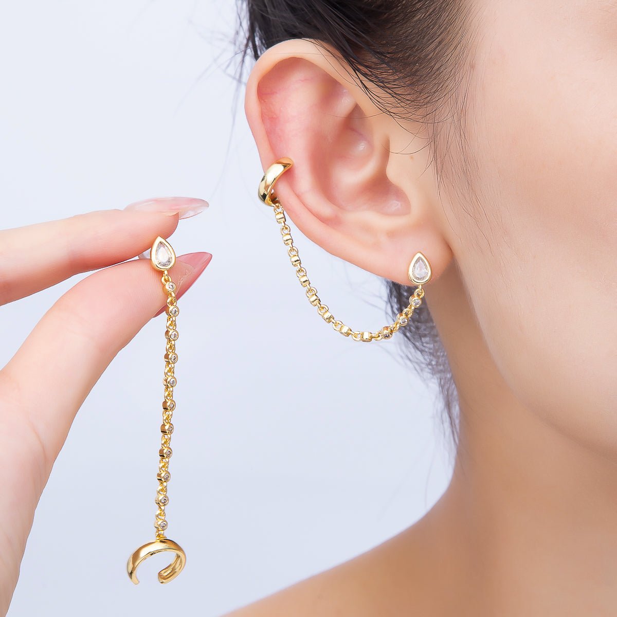 16K Gold Filled Clear CZ Teardrop Round Bezel Stud Chain Drop Ear Cuff | Earrings-00682 - DLUXCA