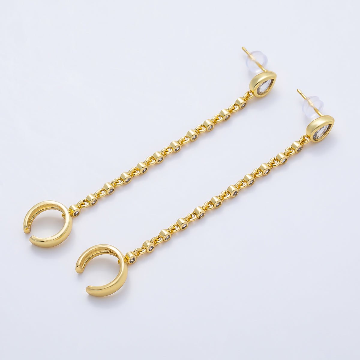 16K Gold Filled Clear CZ Teardrop Round Bezel Stud Chain Drop Ear Cuff | Earrings-00682 - DLUXCA