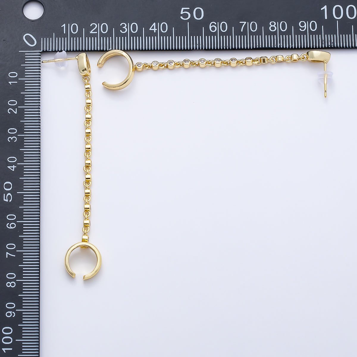 16K Gold Filled Clear CZ Teardrop Round Bezel Stud Chain Drop Ear Cuff | Earrings-00682 - DLUXCA