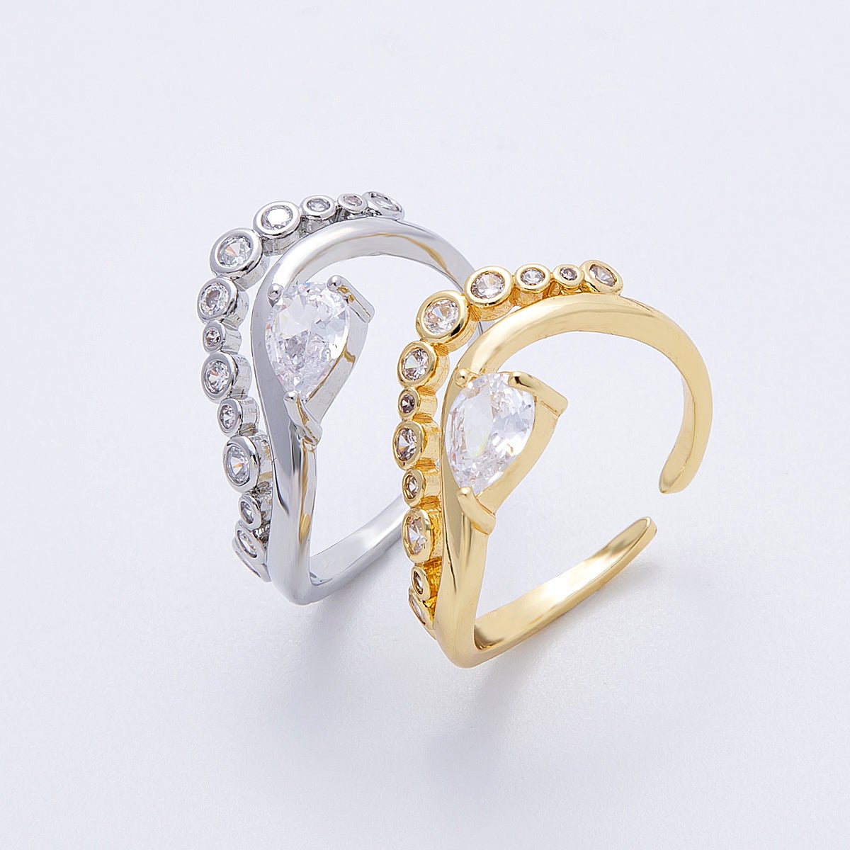 16K Gold Filled Clear CZ Teardrop Round Gradient Curved Ring in Gold & Silver | Rings - 00005 Rings - 00006 - DLUXCA