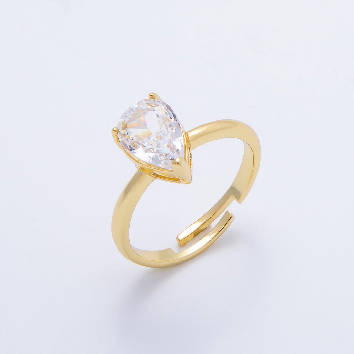 16K Gold Filled Clear CZ Teardrop Solitaire Adjustable Ring | RINGS - 00092 - DLUXCA