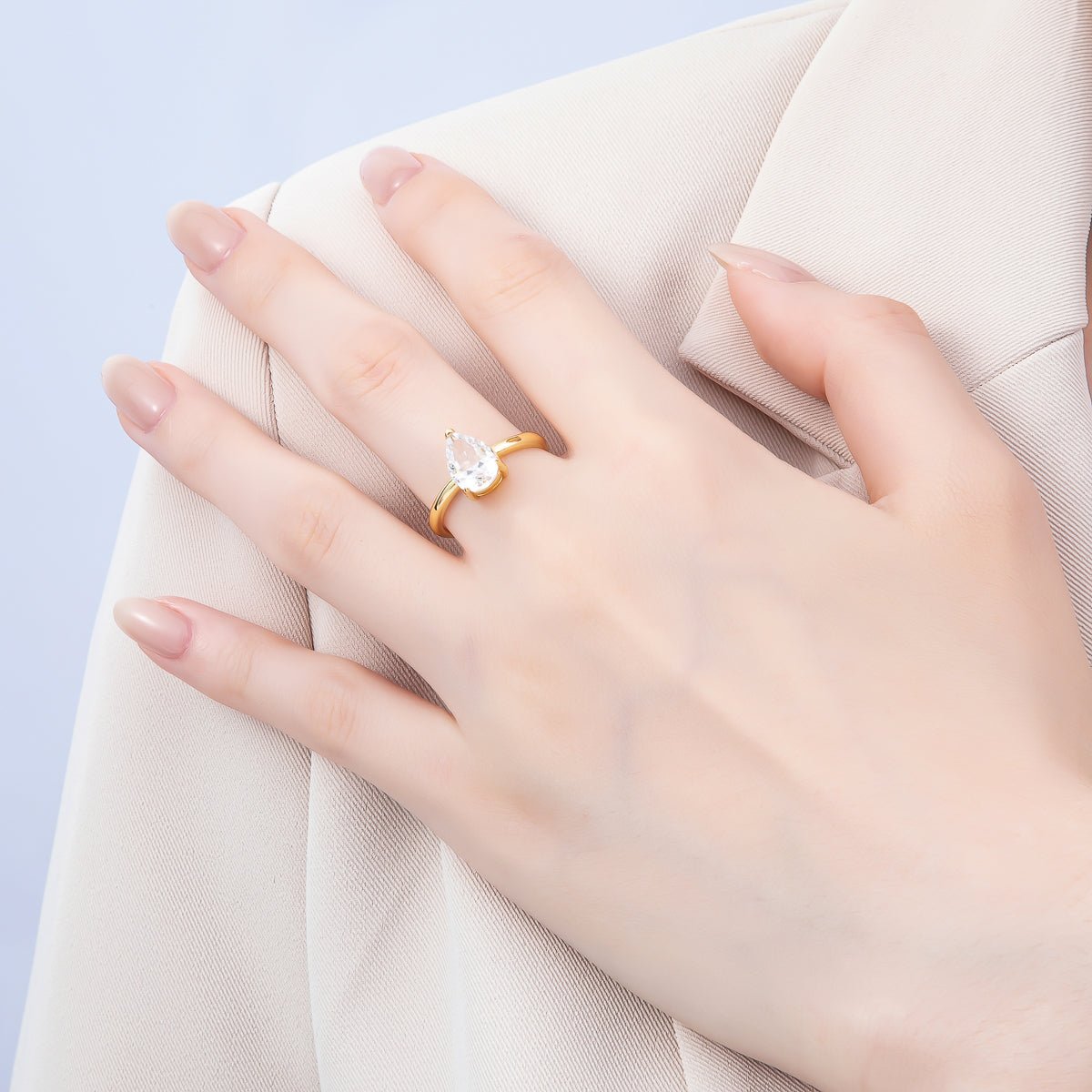 16K Gold Filled Clear CZ Teardrop Solitaire Adjustable Ring | RINGS - 00092 - DLUXCA