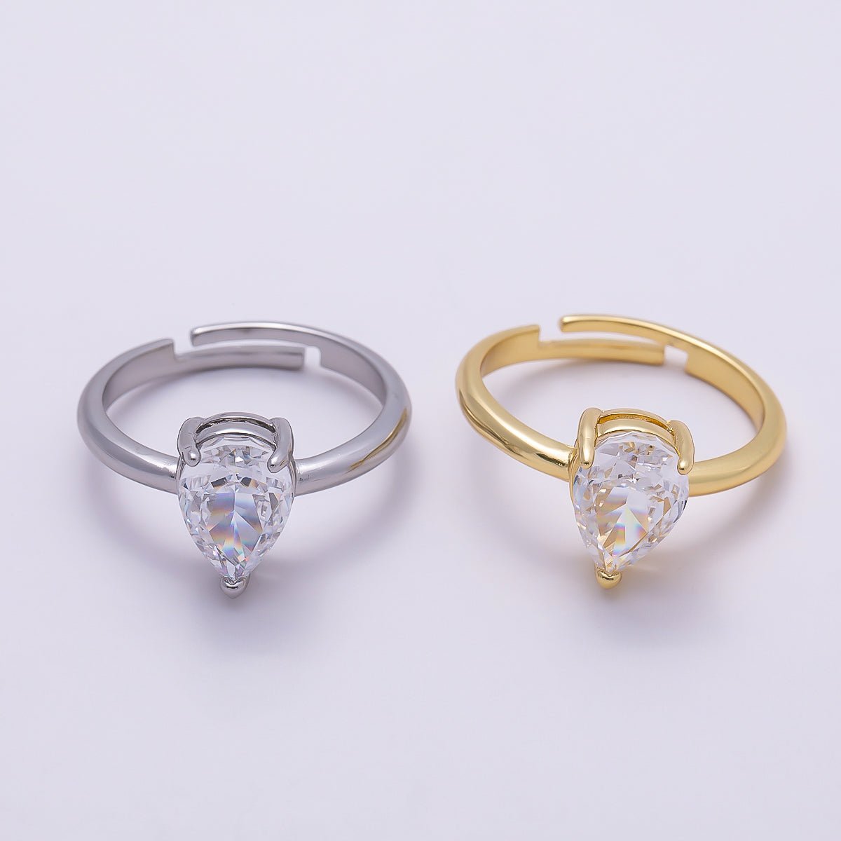 16K Gold Filled Clear CZ Teardrop Solitaire Adjustable Ring | RINGS - 00092 - DLUXCA