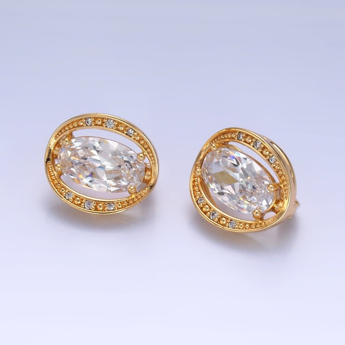 16K Gold Filled Clear Oval CZ Circular Micro Pave Latch Earrings | Earrings - 568 - DLUXCA