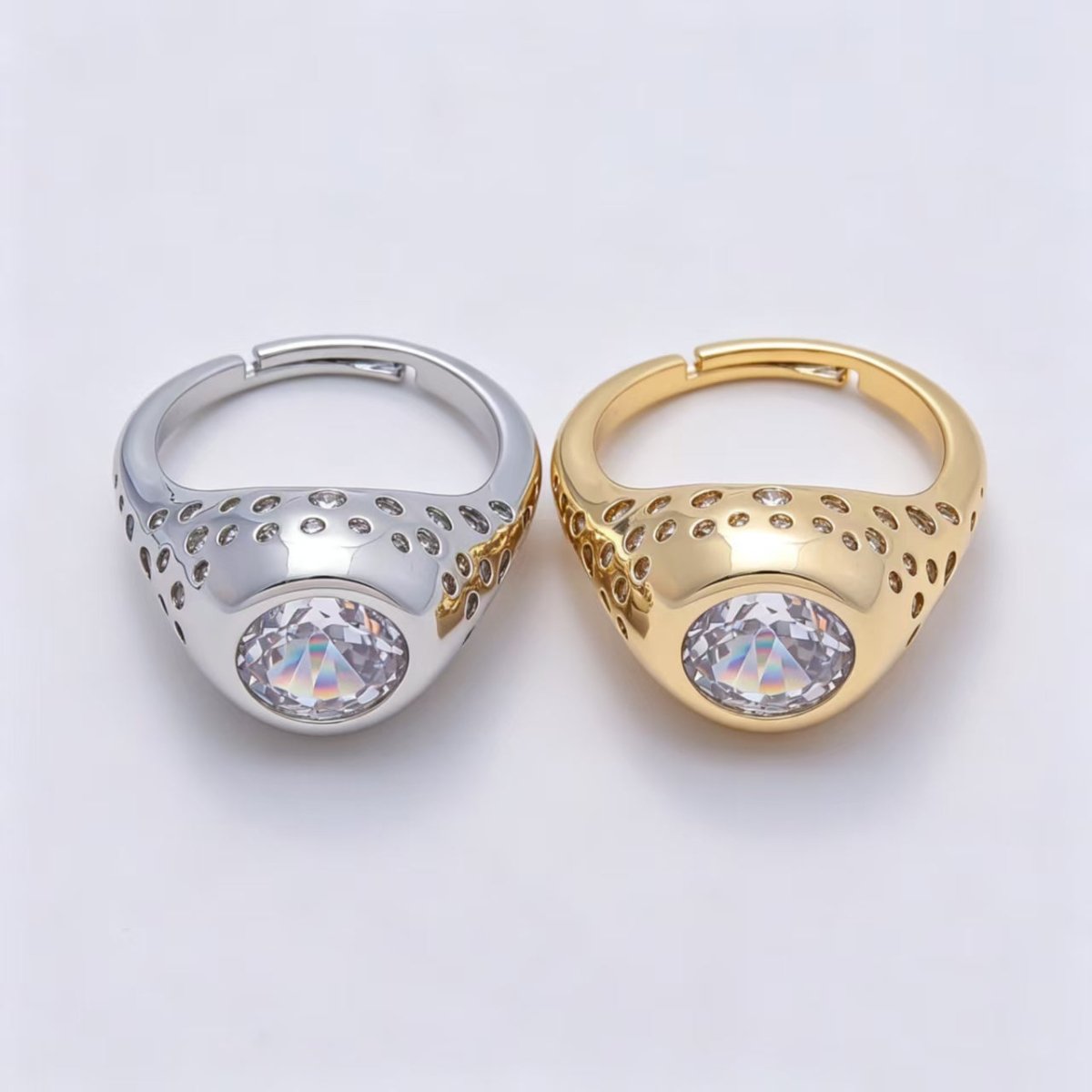 16K Gold Filled Clear Oval CZ Dotted Signet Ring in Gold & Silver | Rings-00124 Rings-00170 - DLUXCA