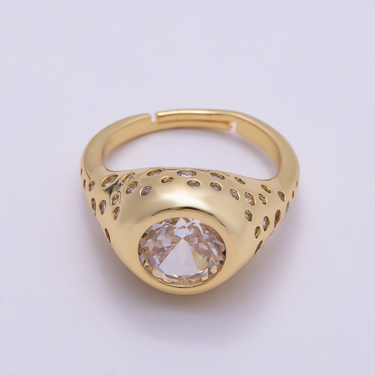 16K Gold Filled Clear Oval CZ Dotted Signet Ring in Gold & Silver | Rings-00124 Rings-00170 - DLUXCA