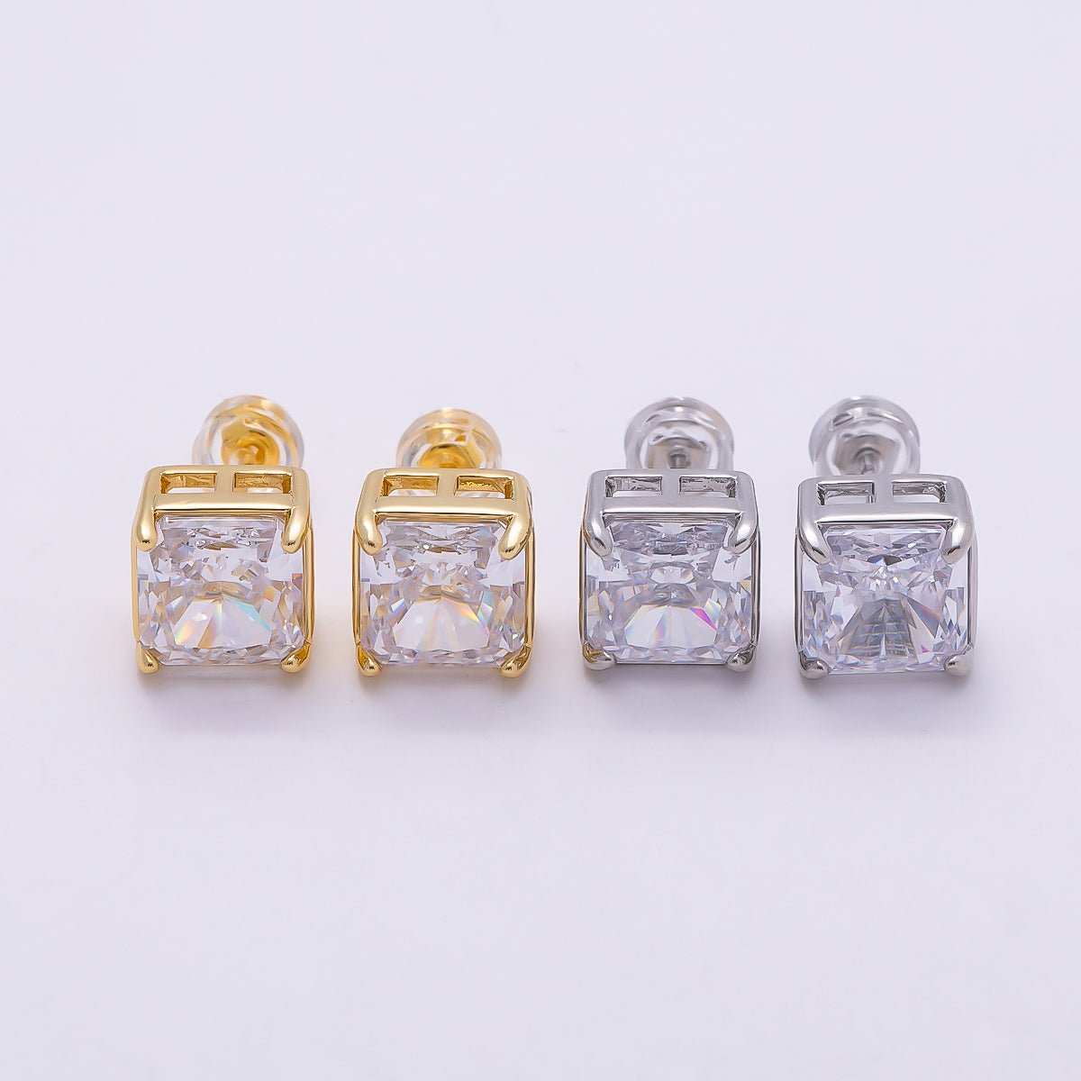 16K Gold Filled Clear Square CZ Stud Earrings in Gold & Silver | Earrings - 00407 Earrings - 00408 - DLUXCA