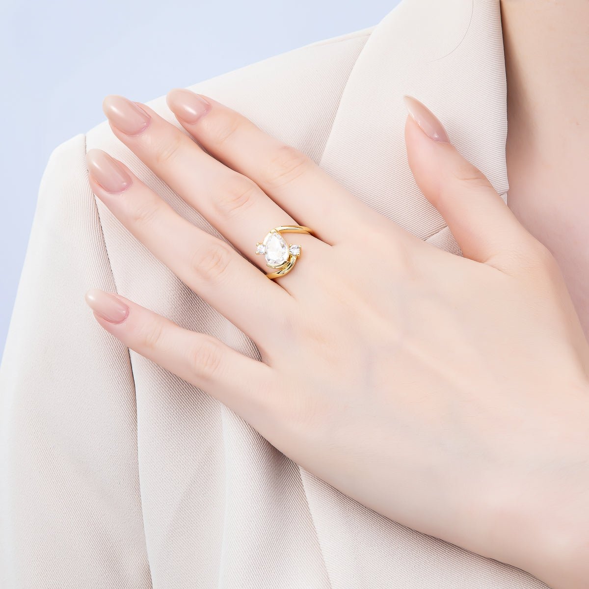 16K Gold Filled Clear Teardrop CZ Curved Solitaire Ring in Gold & Silver | Rings-00123 Rings-00171 - DLUXCA
