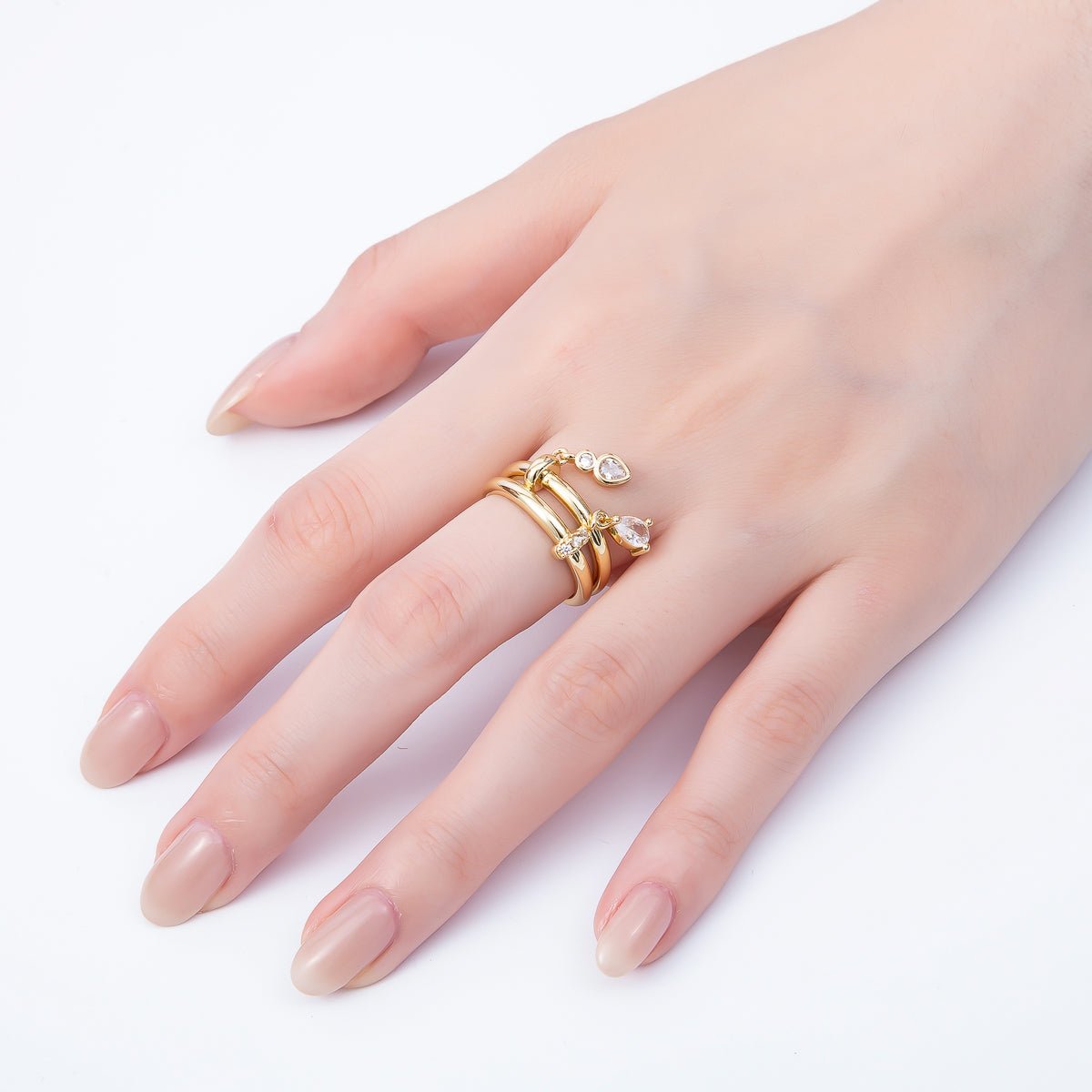 16K Gold Filled Clear Teardrop CZ Drop Double Band Ring | Rings - 00115 - DLUXCA
