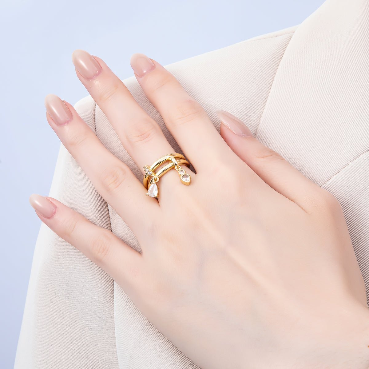 16K Gold Filled Clear Teardrop CZ Drop Double Band Ring | Rings - 00115 - DLUXCA