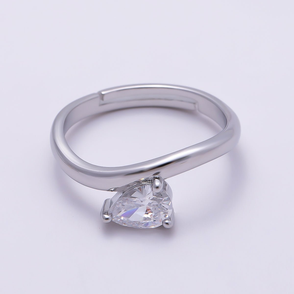 16K Gold Filled Clear Teardrop CZ Solitaire Curved Ring in Gold & Silver | Rings-00130 Rings-00131 - DLUXCA