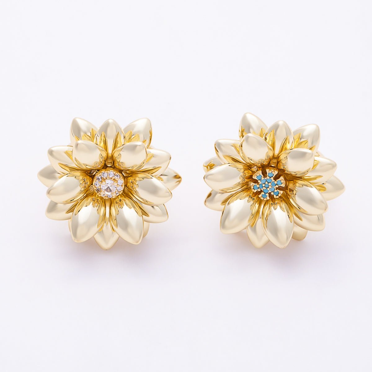 16K Gold Filled Clear, Turquoise Micro Paved CZ Flower Ring | Rings-00330 Rings-00331 - DLUXCA