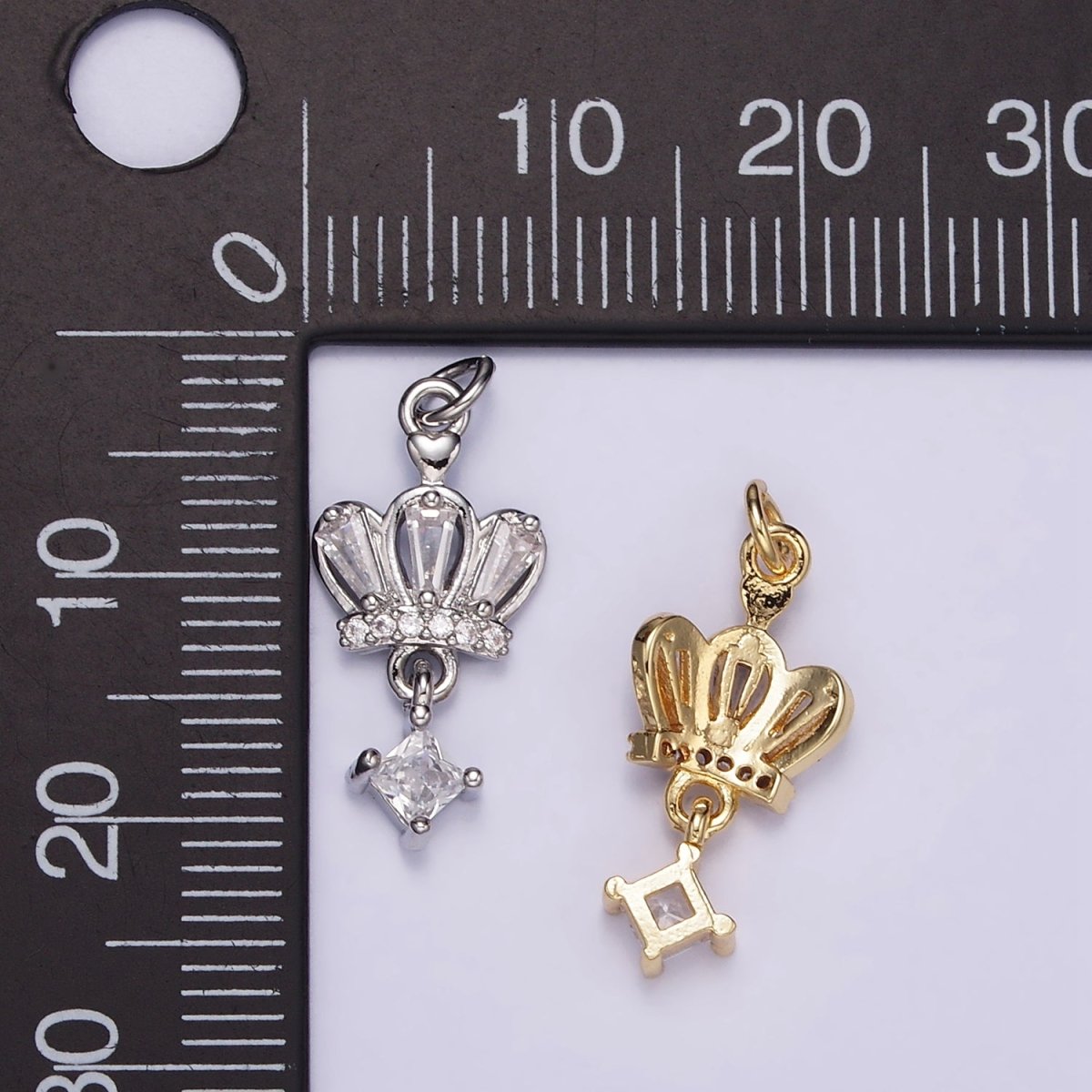 16K Gold Filled CZ Rhombus Baguette Drop Royal Crown Charm in Gold & Silver | M114 - DLUXCA