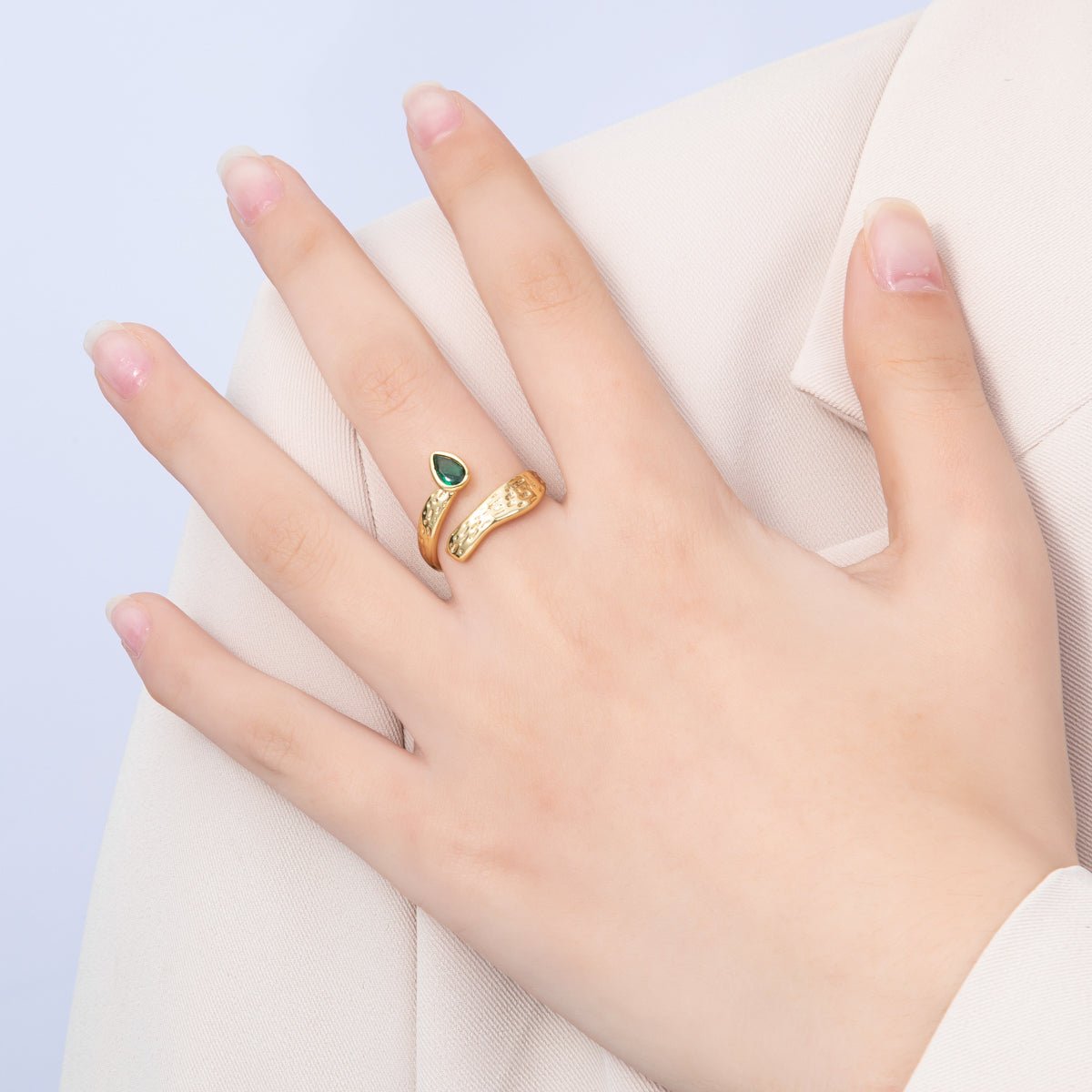 16K Gold Filled Emerald Pear Cut CZ Hammered Twisted Wrap Ring | Rings - 00030 - DLUXCA