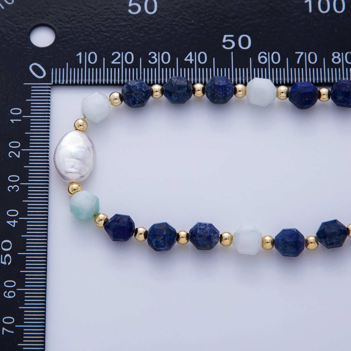 16K Gold Filled Freshwater Pearl Aquamarine Lapis Lazuli Multifaceted Gemstone 16.5 Inch Necklace | WA - 3178 - DLUXCA
