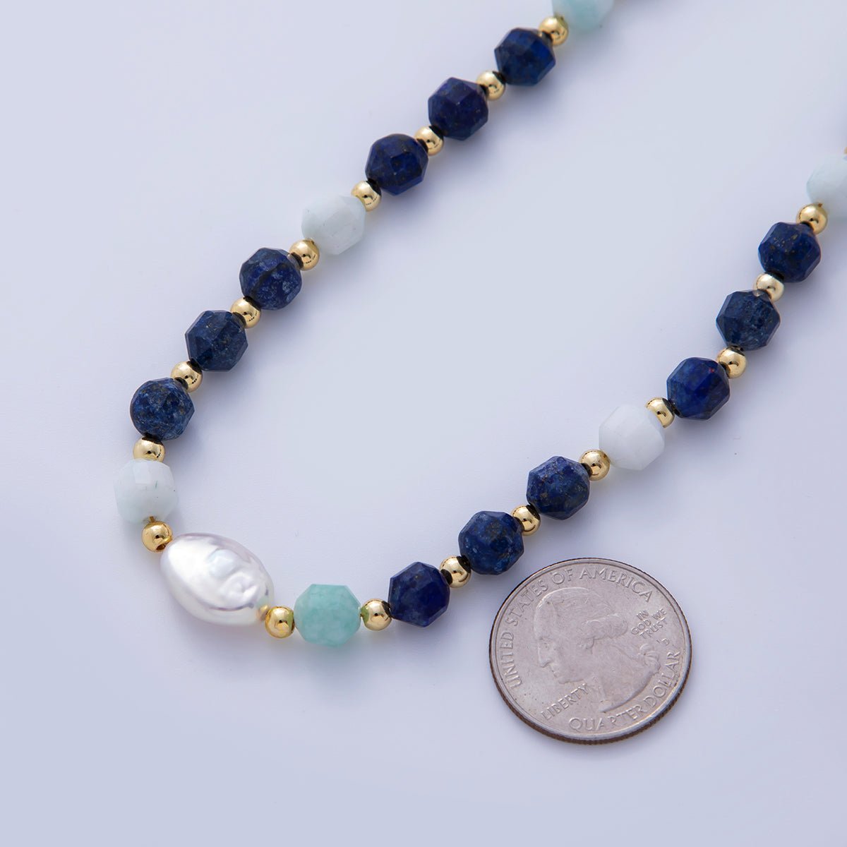 16K Gold Filled Freshwater Pearl Aquamarine Lapis Lazuli Multifaceted Gemstone 16.5 Inch Necklace | WA - 3178 - DLUXCA