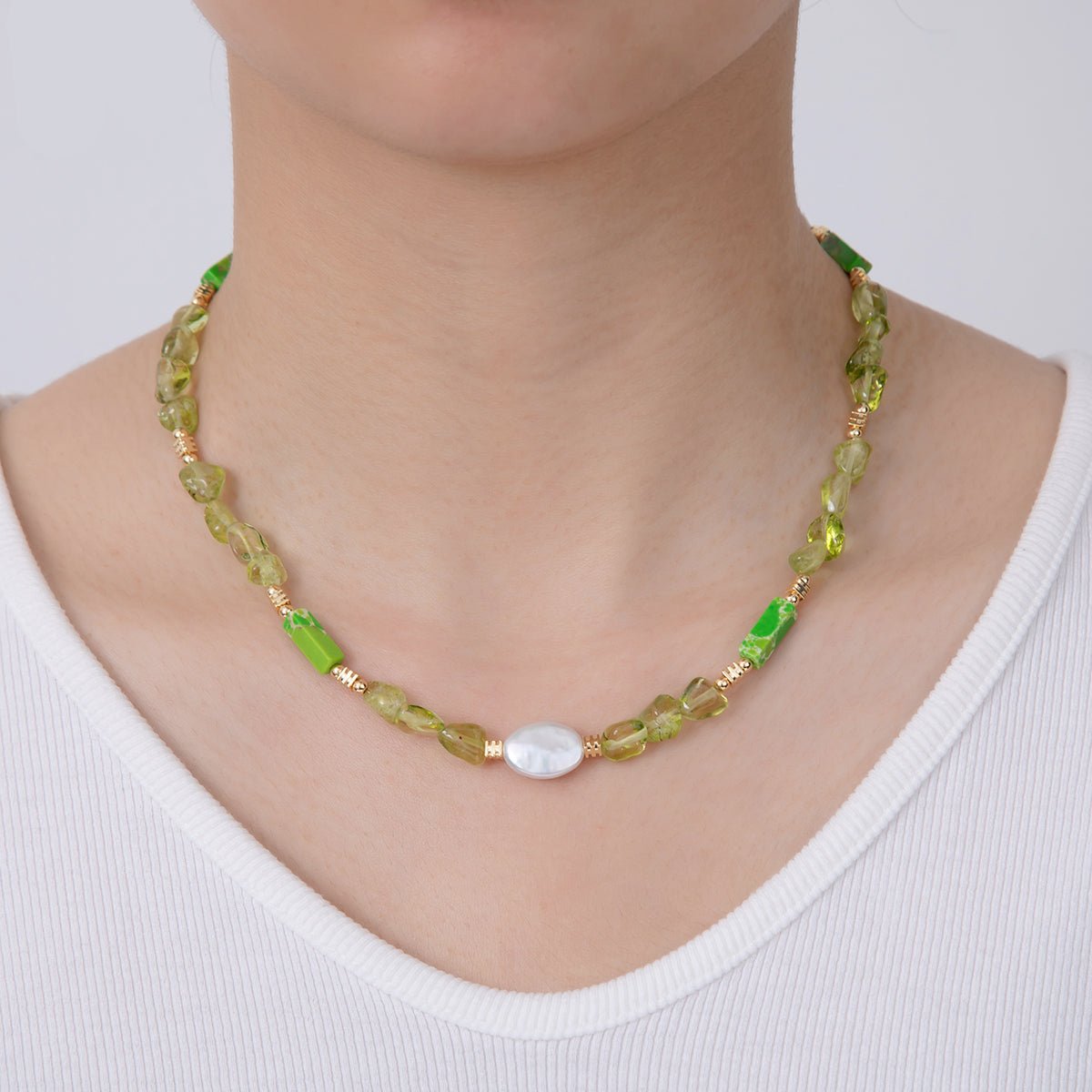 16K Gold Filled Freshwater Pearl Peridot Green Gemstone 16 Inch Handmade Necklace | WA - 3179 - DLUXCA