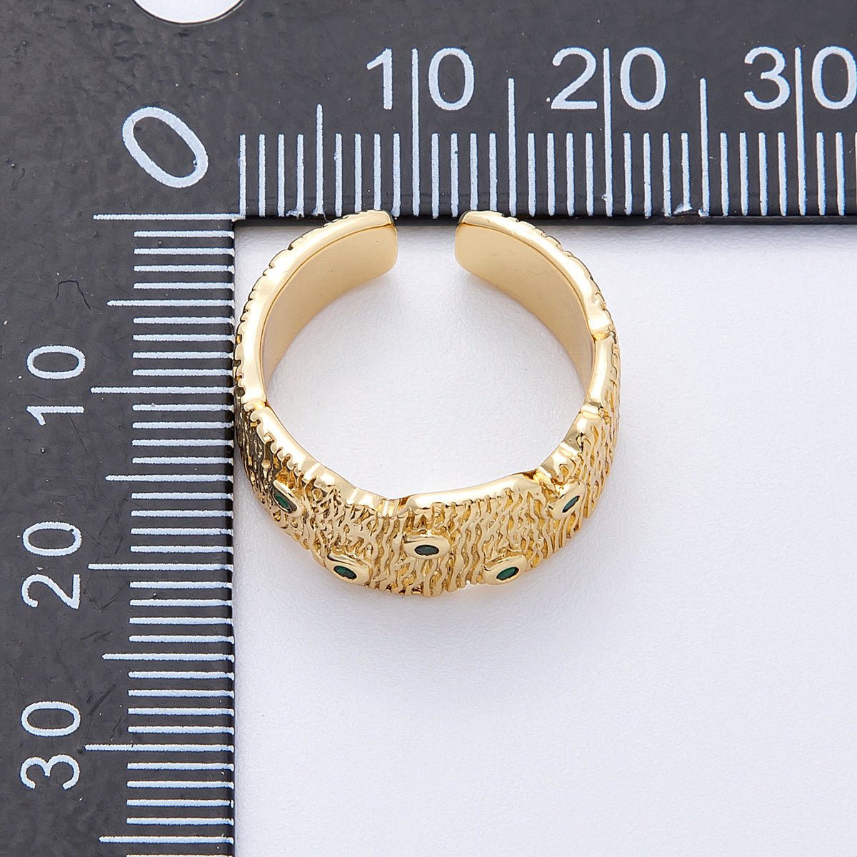 16K Gold Filled Green CZ Dotted Textured Ribbed Wide Band Ring | Rings - 00032 - DLUXCA