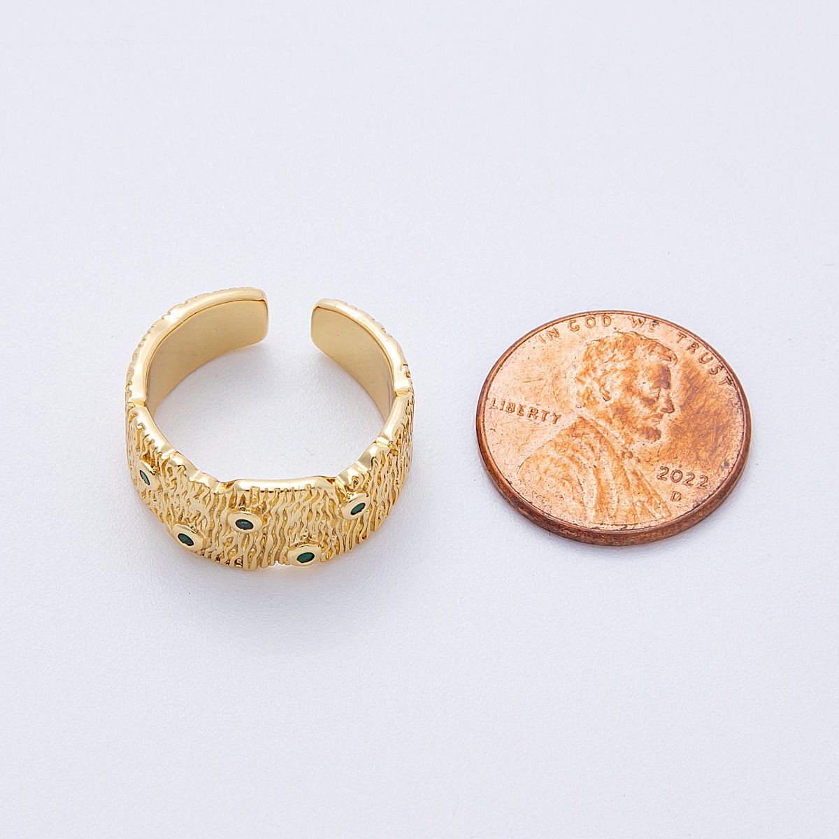 16K Gold Filled Green CZ Dotted Textured Ribbed Wide Band Ring | Rings - 00032 - DLUXCA