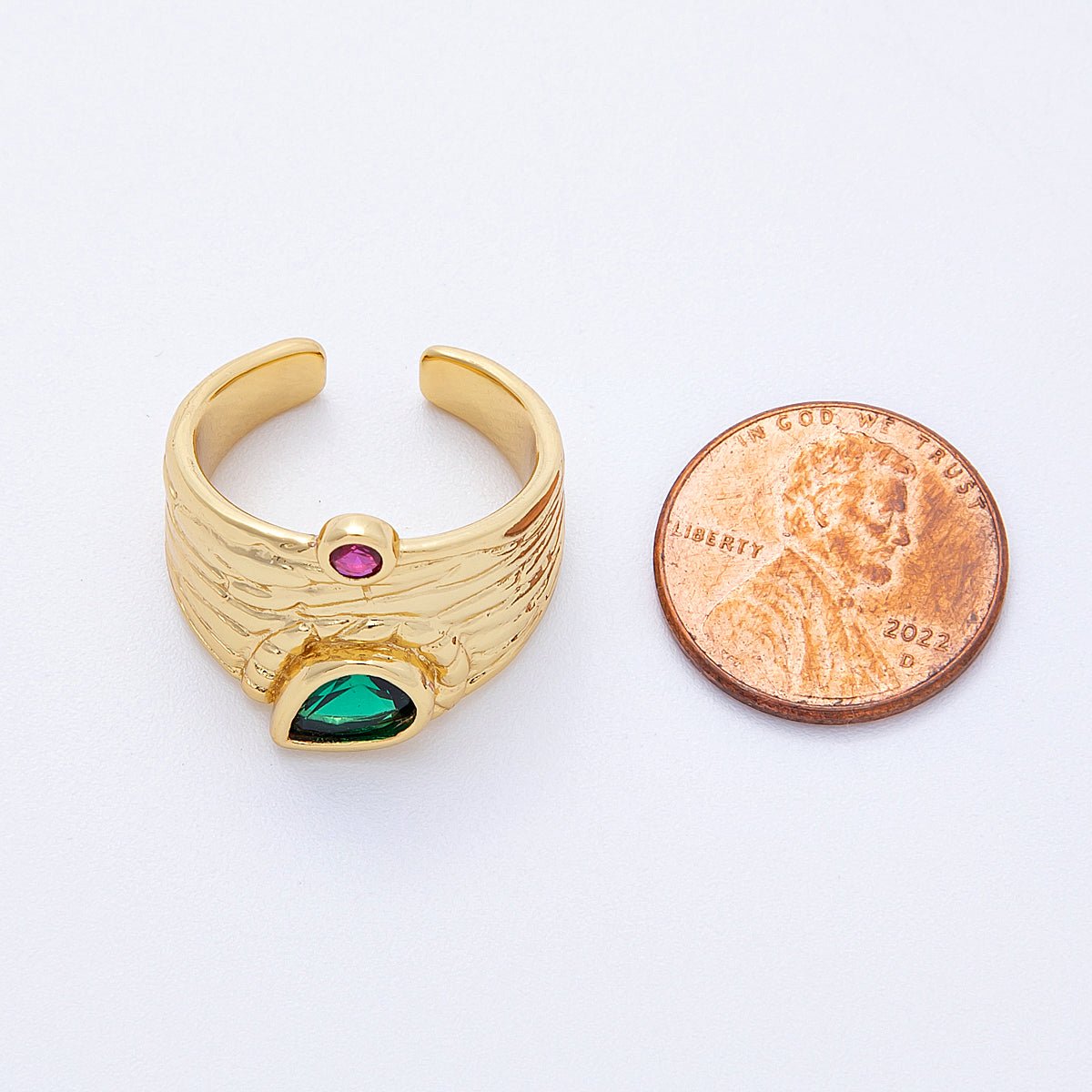 16K Gold Filled Green Fuchsia CZ Textured Wide Band Ring | Rings - 00028 - DLUXCA
