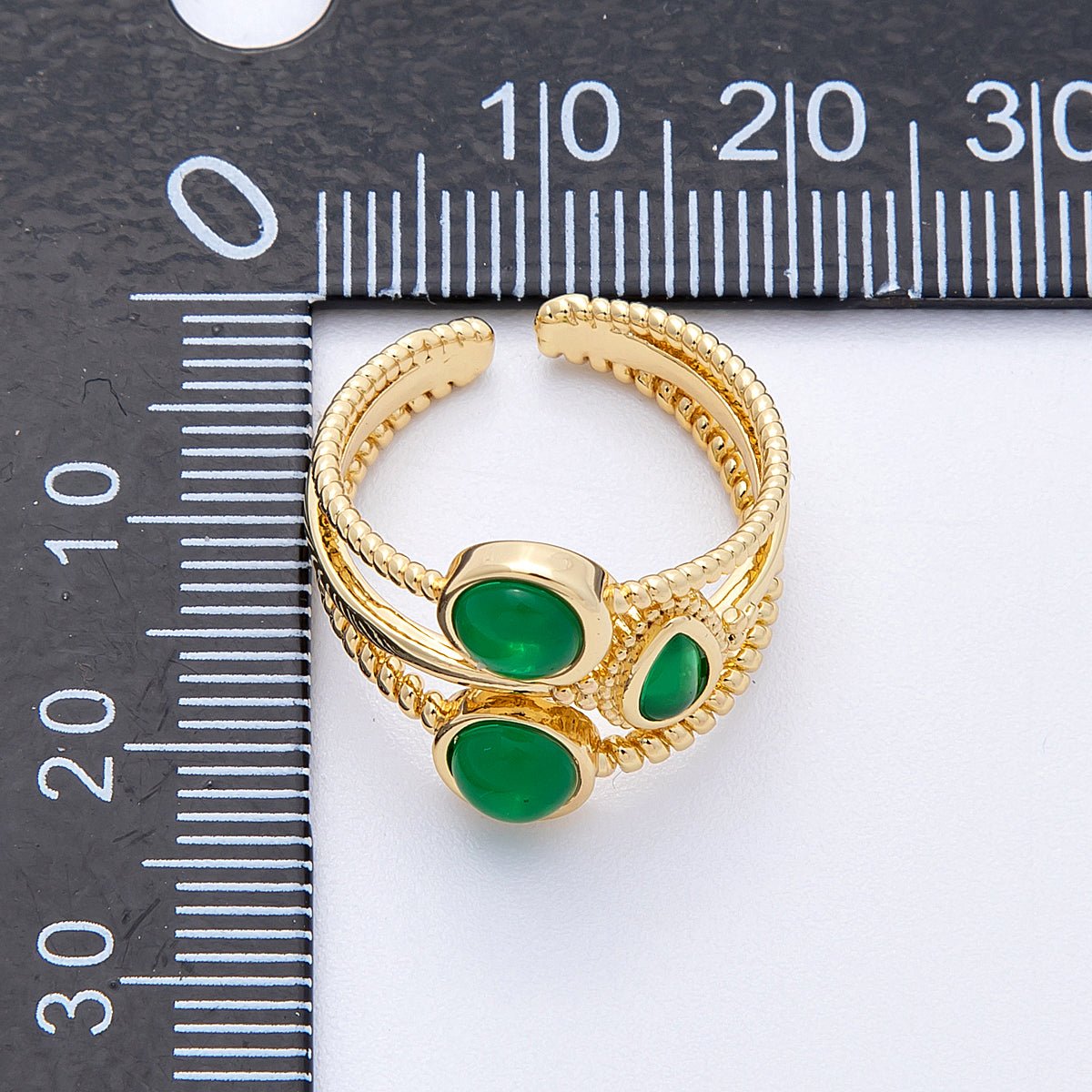 16K Gold Filled Green Gemstone Geometric Croissant Twist Triple Band Ring | Rings - 00031 - DLUXCA