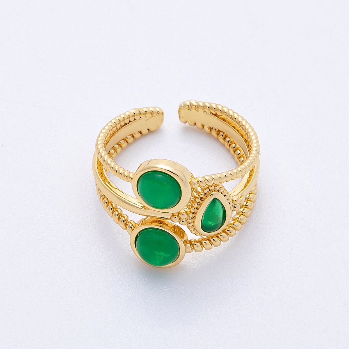 16K Gold Filled Green Gemstone Geometric Croissant Twist Triple Band Ring | Rings - 00031 - DLUXCA