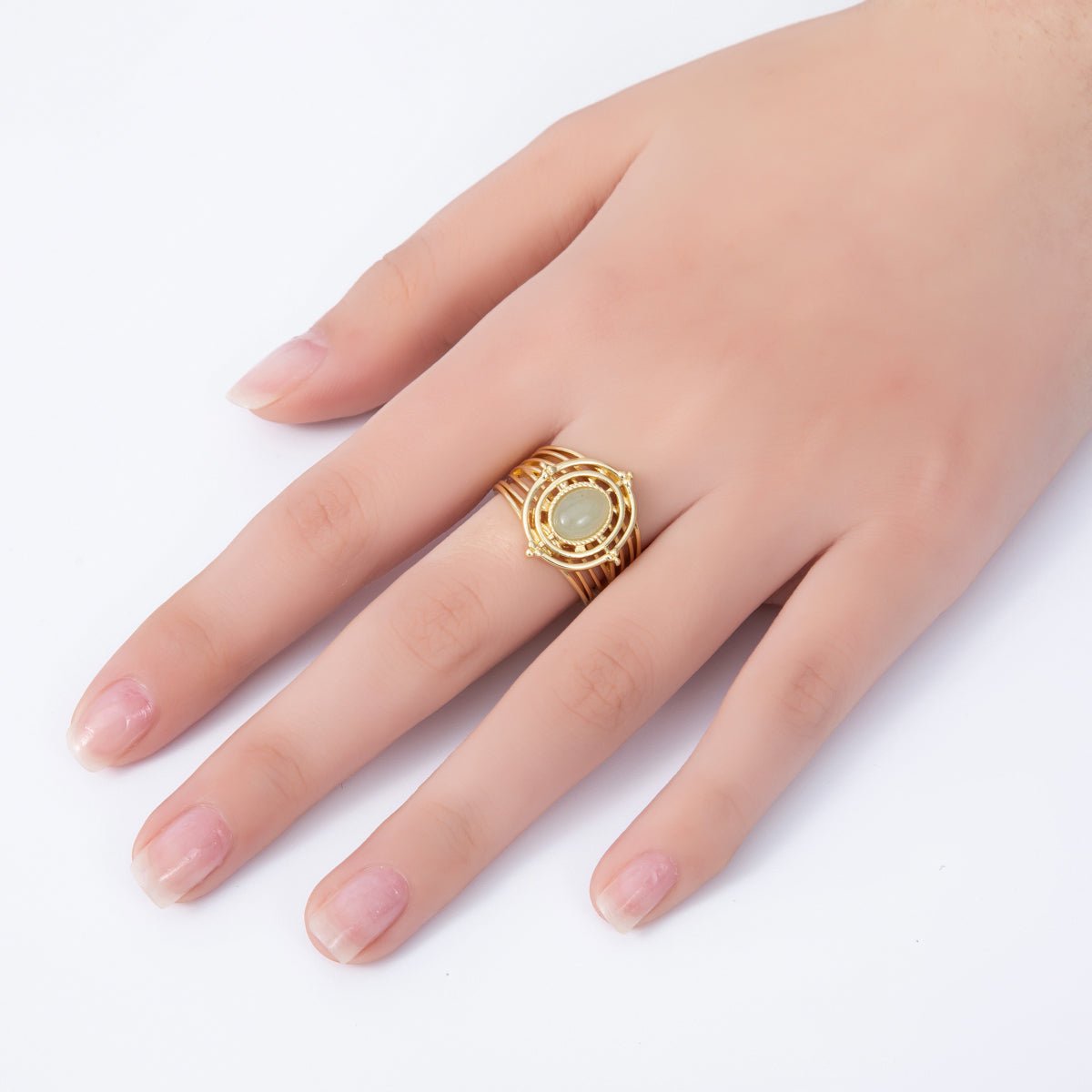 16K Gold Filled Green Prehnite Gemstone Round Lined Wide Statement Ring | Rings - 00050 - DLUXCA