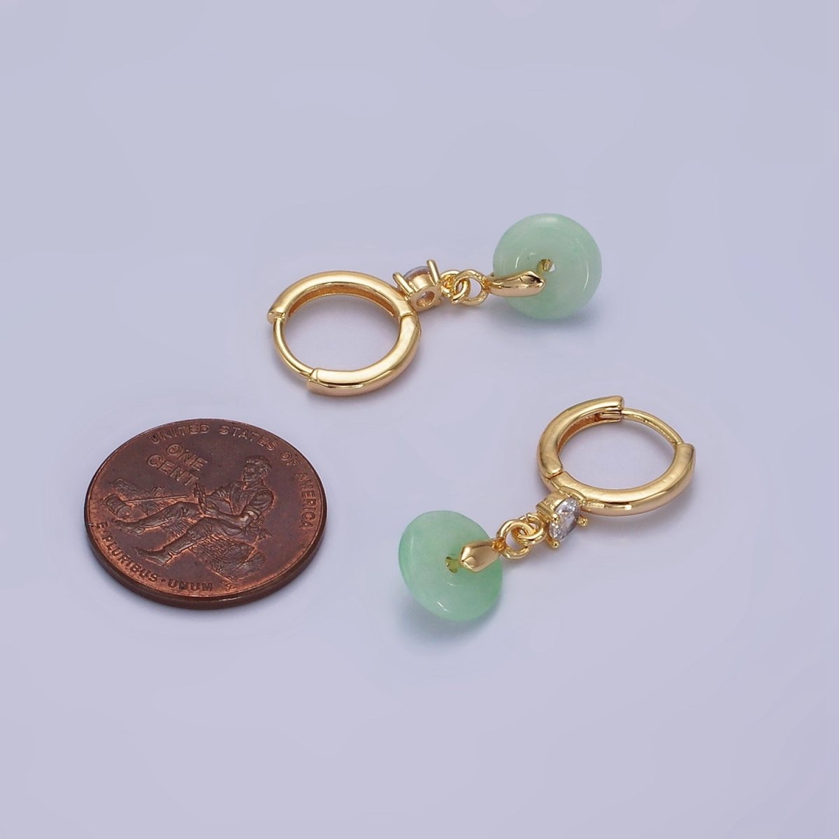 16K Gold Filled Green, White Jade Donut Round Drop Clear CZ Huggie Earrings | AE633 AE652 - DLUXCA