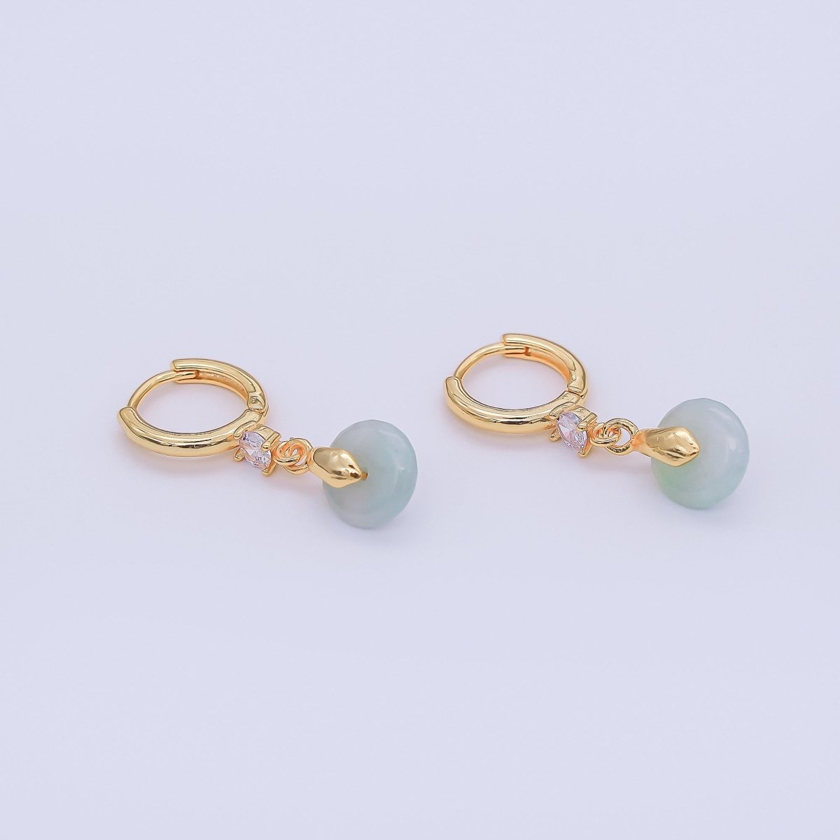 16K Gold Filled Green, White Jade Donut Round Drop Clear CZ Huggie Earrings | AE633 AE652 - DLUXCA