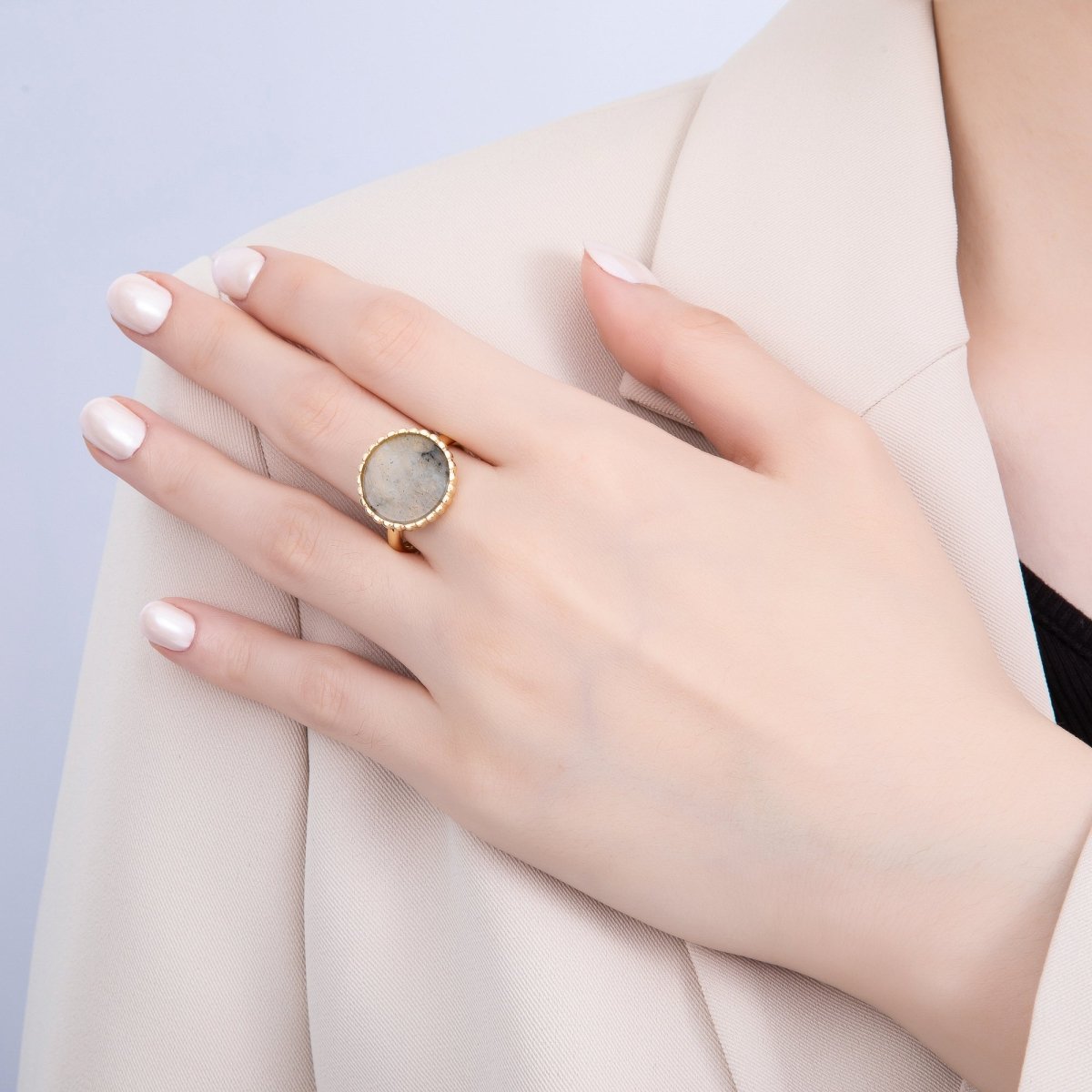 16K Gold Filled Labradorite Gemstone Hexagon Geometric Double Band Ring | Rings - 00076 - DLUXCA