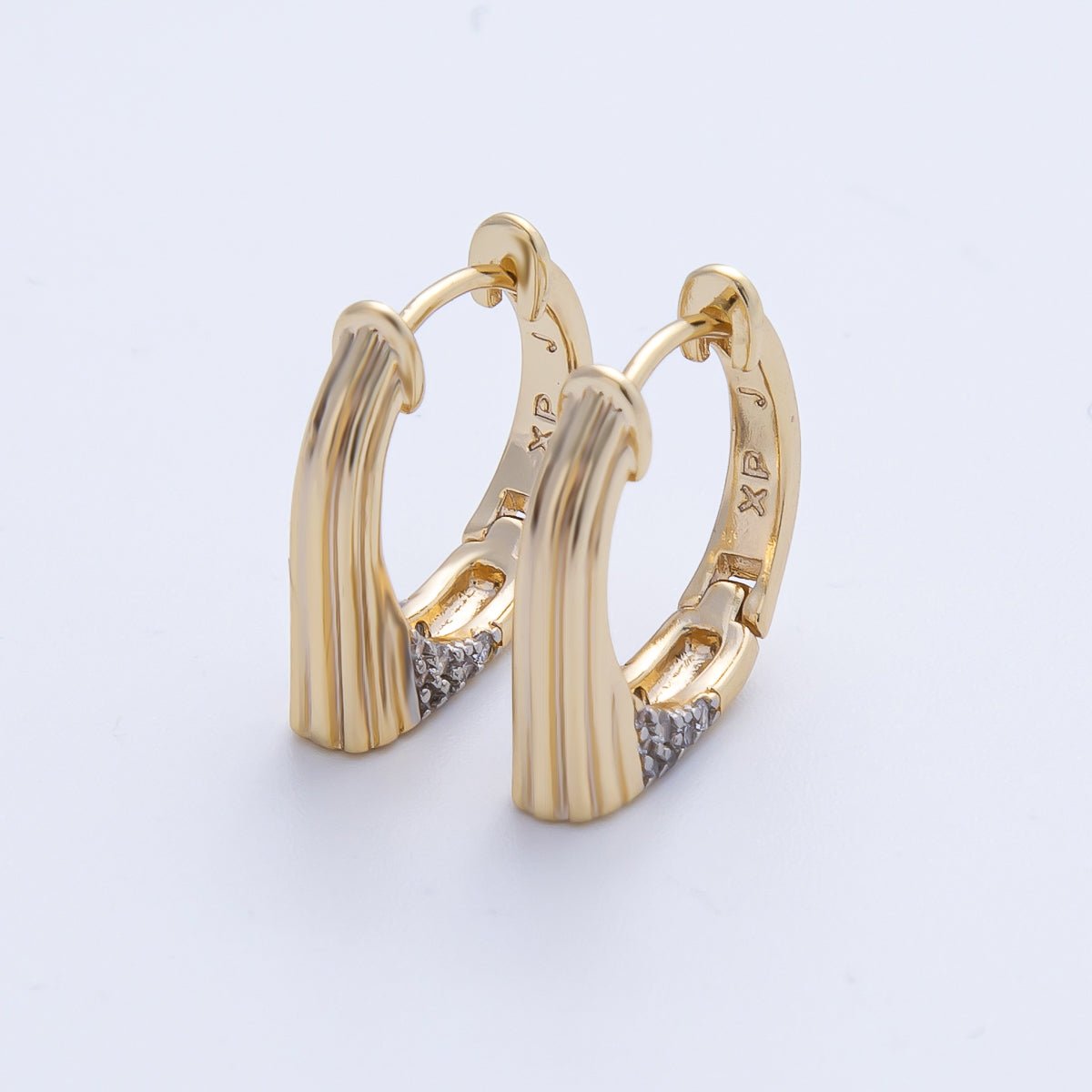 16K Gold Filled Lined Textured Micro Pave CZ Huggie Earrings | Earrings - 98 - DLUXCA