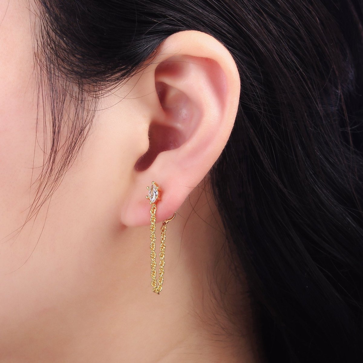 16K Gold Filled Marquise CZ Chain Link Stud Earrings | T060 - DLUXCA