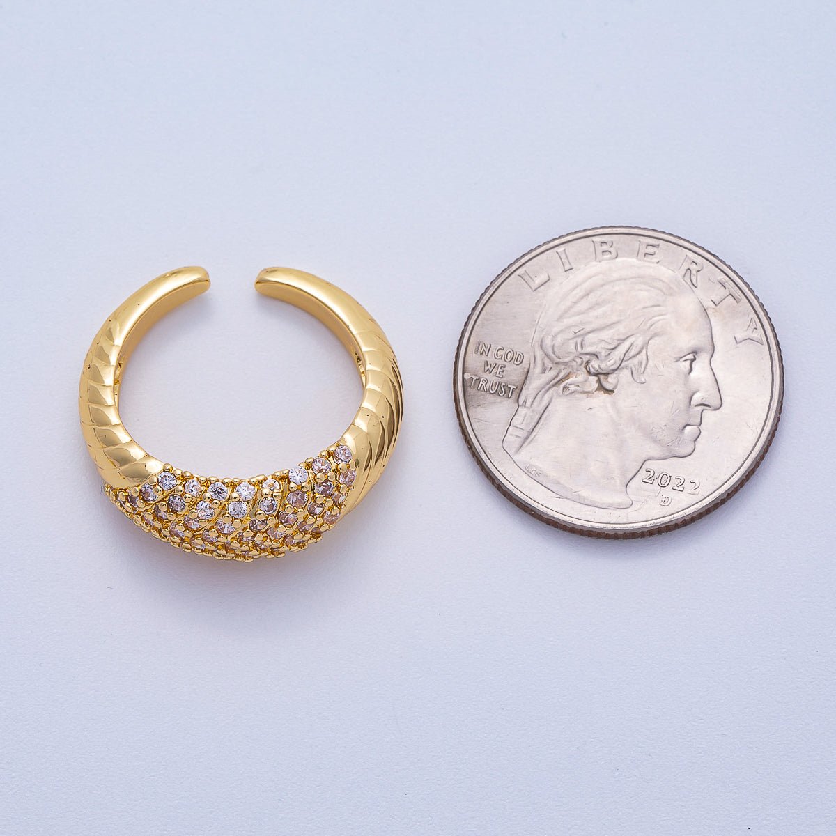 16K Gold Filled Micro Paved CZ Croissant Ribbed Ring | RINGS - 00068 - DLUXCA