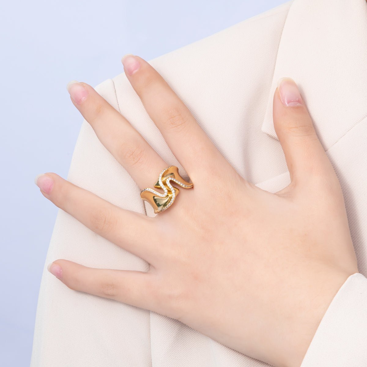 16K Gold Filled Micro Paved CZ Foil Wavy Abstract Statement Ring | Rings - 00021 - DLUXCA