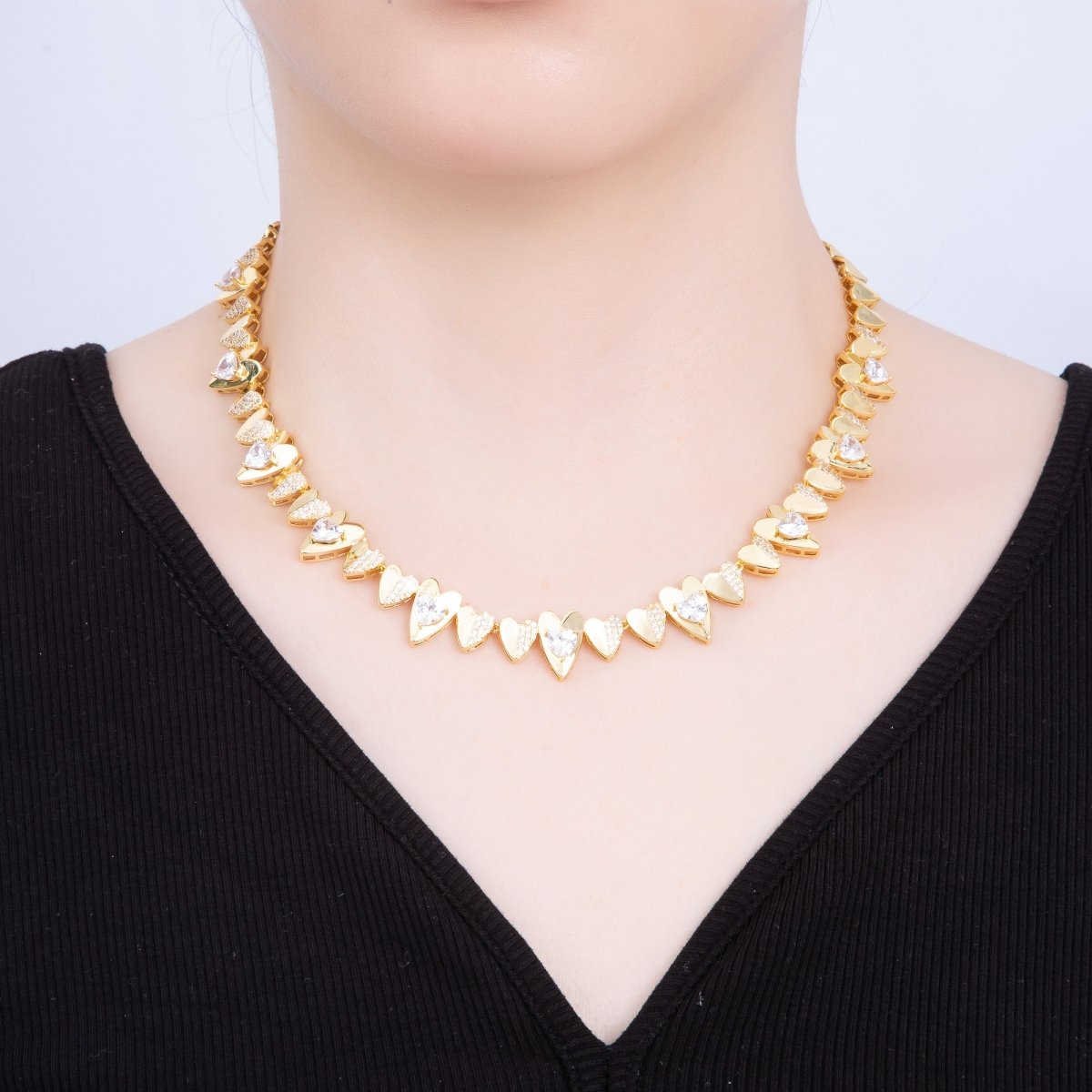 16K Gold Filled Micro Paved CZ Heart Geometric Chain 17 Inch Necklace | WA - 04268 - DLUXCA