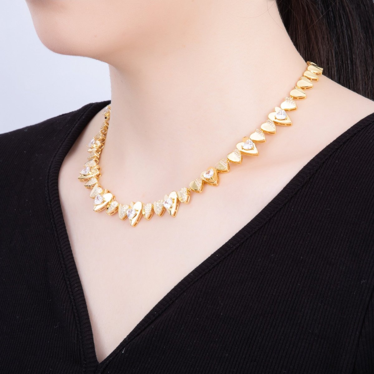 16K Gold Filled Micro Paved CZ Heart Geometric Chain 17 Inch Necklace | WA - 04268 - DLUXCA
