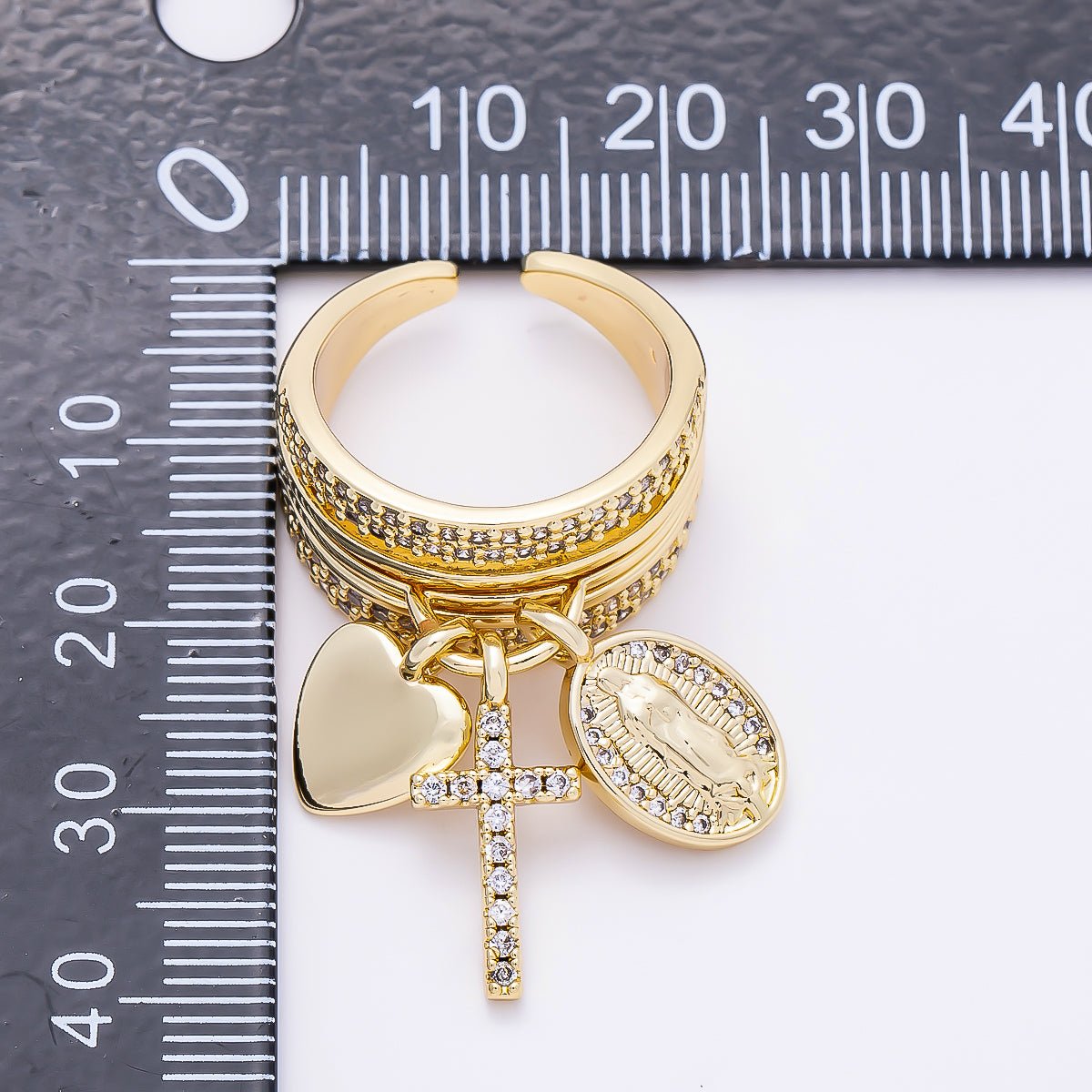 16K Gold Filled Micro Paved CZ Heart Mary Cross Religious Drop Ring in Gold & Silver | Rings-00281 Rings-00282 - DLUXCA