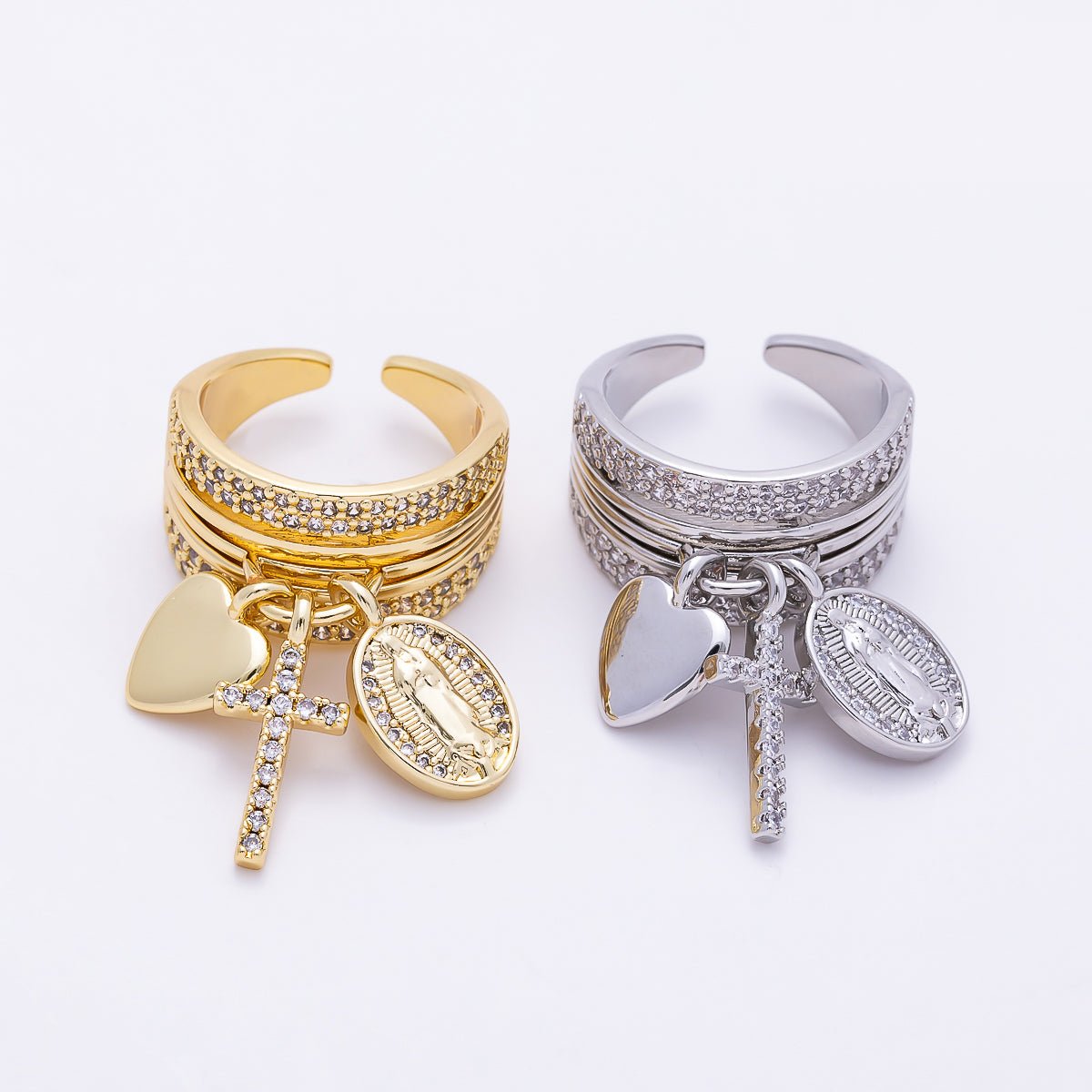 16K Gold Filled Micro Paved CZ Heart Mary Cross Religious Drop Ring in Gold & Silver | Rings-00281 Rings-00282 - DLUXCA