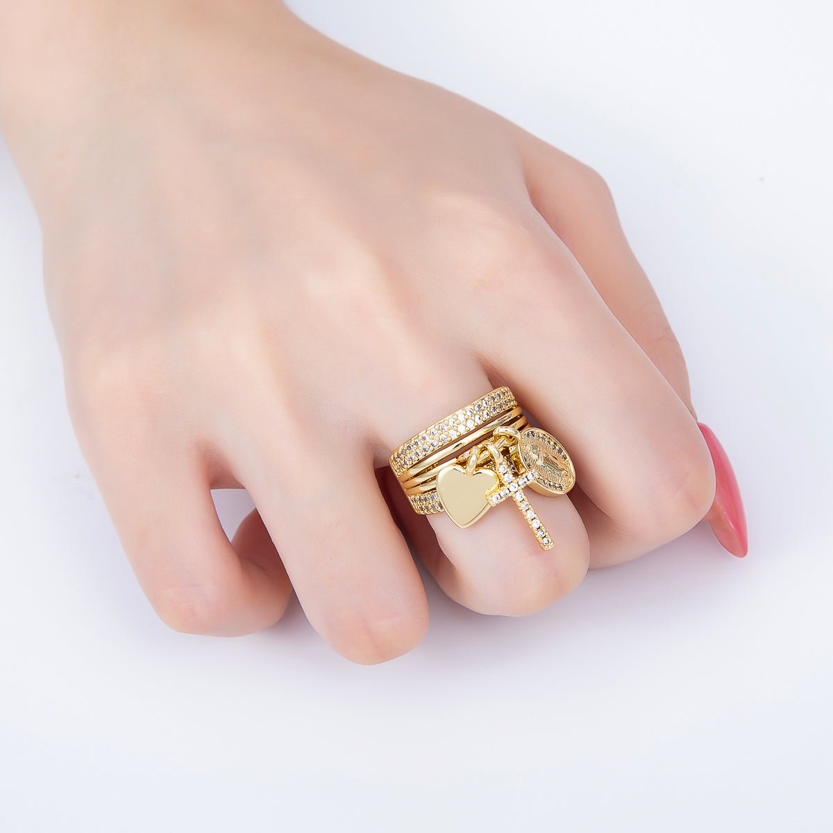 16K Gold Filled Micro Paved CZ Heart Mary Cross Religious Drop Ring in Gold & Silver | Rings-00281 Rings-00282 - DLUXCA