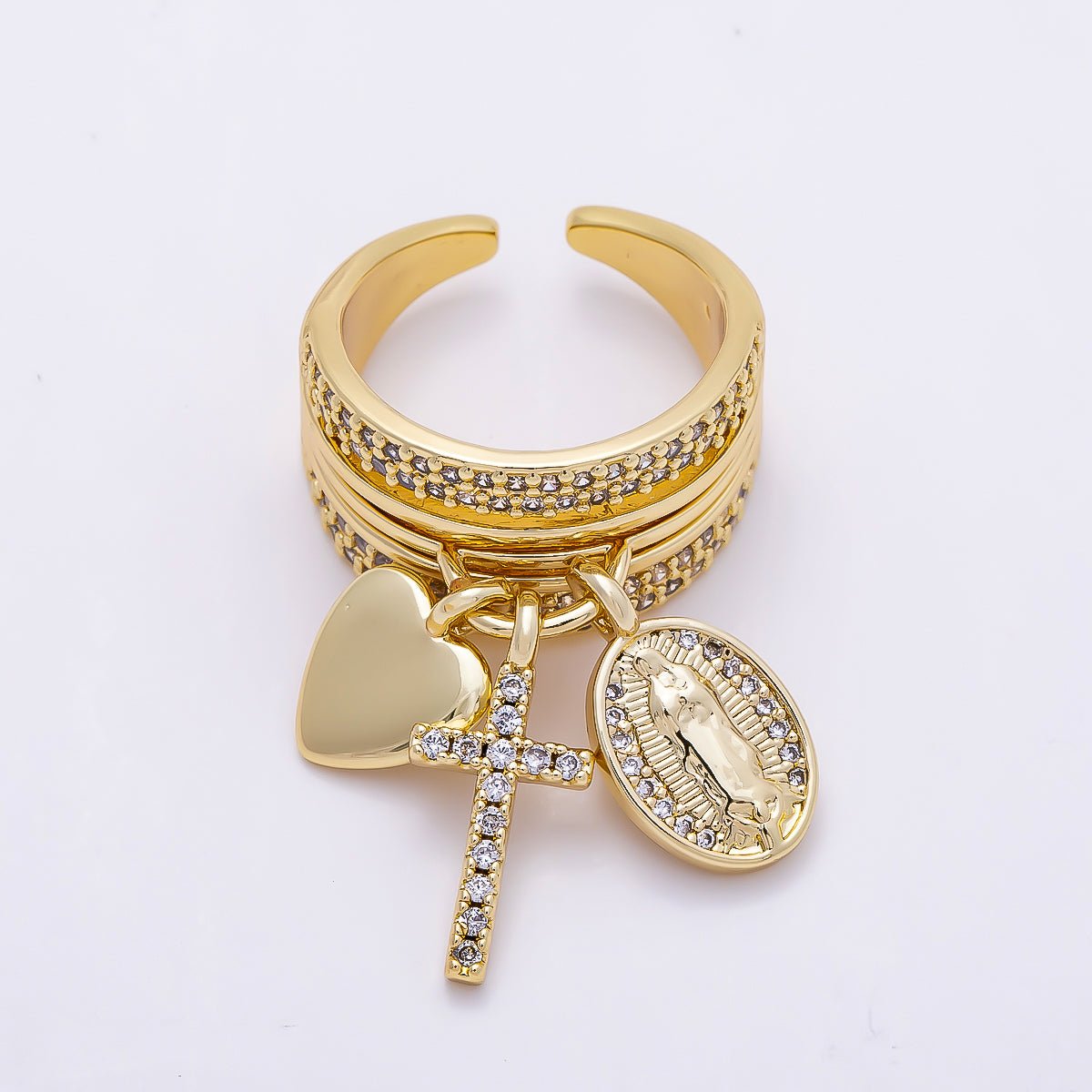 16K Gold Filled Micro Paved CZ Heart Mary Cross Religious Drop Ring in Gold & Silver | Rings-00281 Rings-00282 - DLUXCA