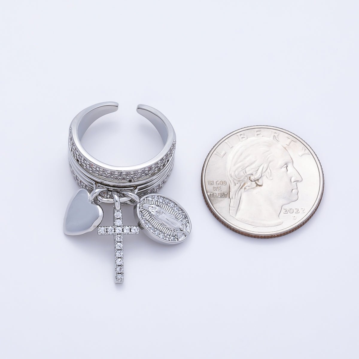 16K Gold Filled Micro Paved CZ Heart Mary Cross Religious Drop Ring in Gold & Silver | Rings-00281 Rings-00282 - DLUXCA