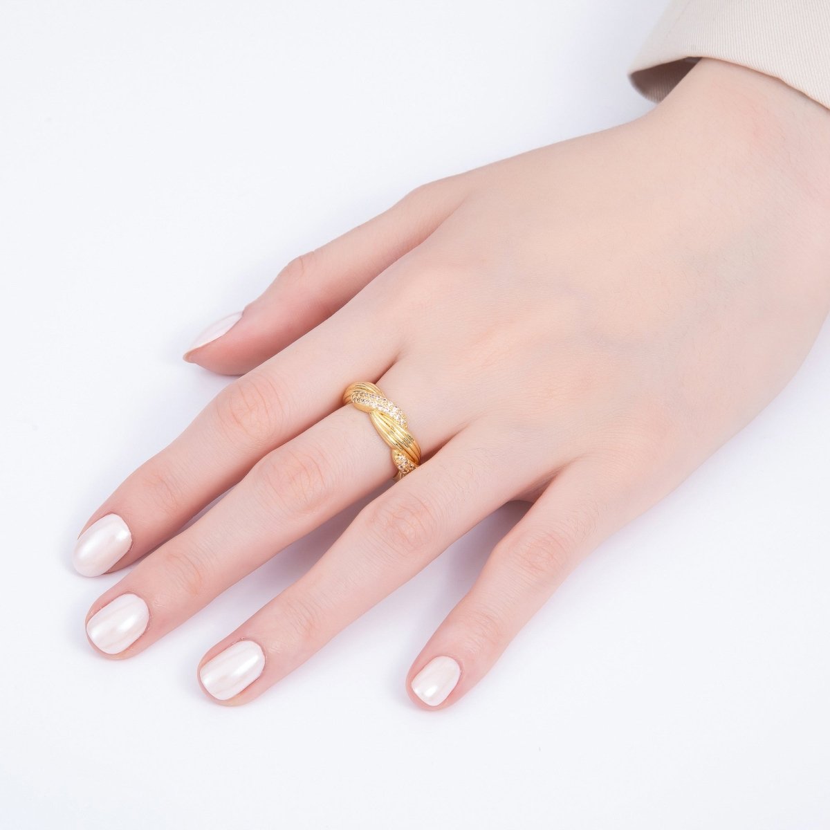 16K Gold Filled Micro Paved CZ Line Textured Ribbed Croissant Ring | Rings - 00071 - DLUXCA