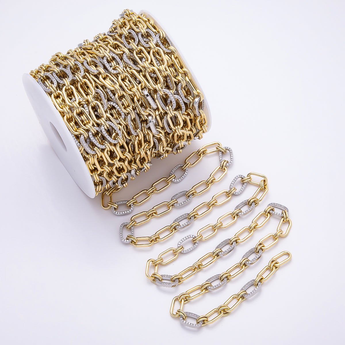 16K Gold Filled Micro Paved CZ Mixed Metal Paperclip Unfinished Chain by Yard | Roll - 01872 - DLUXCA
