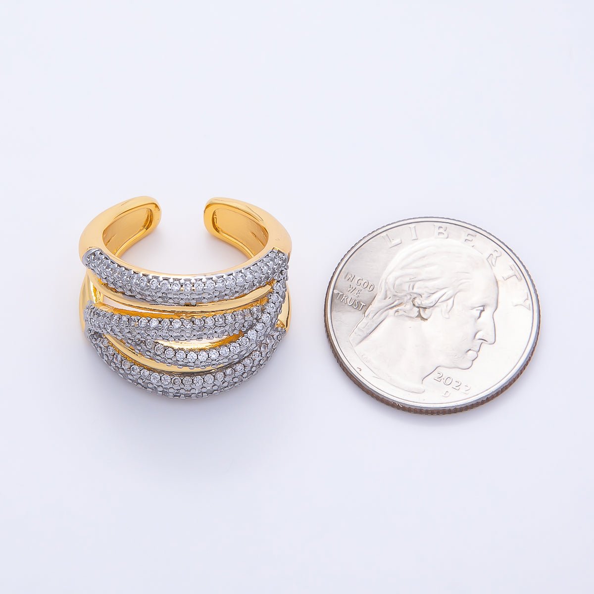 16K Gold Filled Micro Paved CZ Mixed Metal Wide Multiband Ring | Rings-00266 - DLUXCA