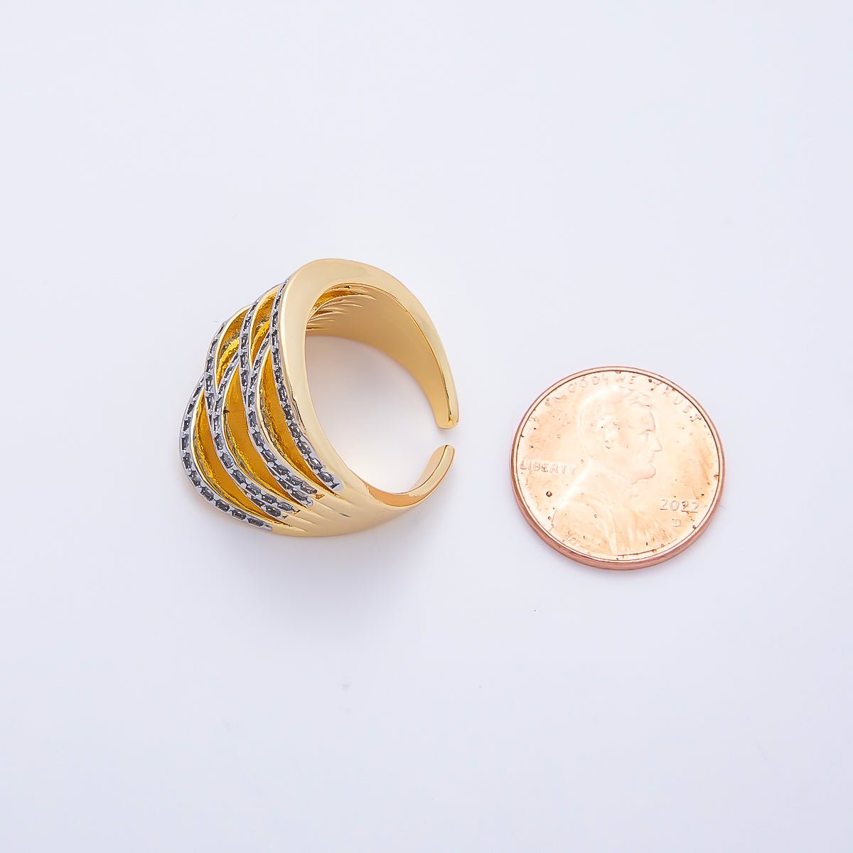 16K Gold Filled Micro Paved CZ Multiple Band Knot Wide Mixed Metal Ring | Rings-00265 - DLUXCA