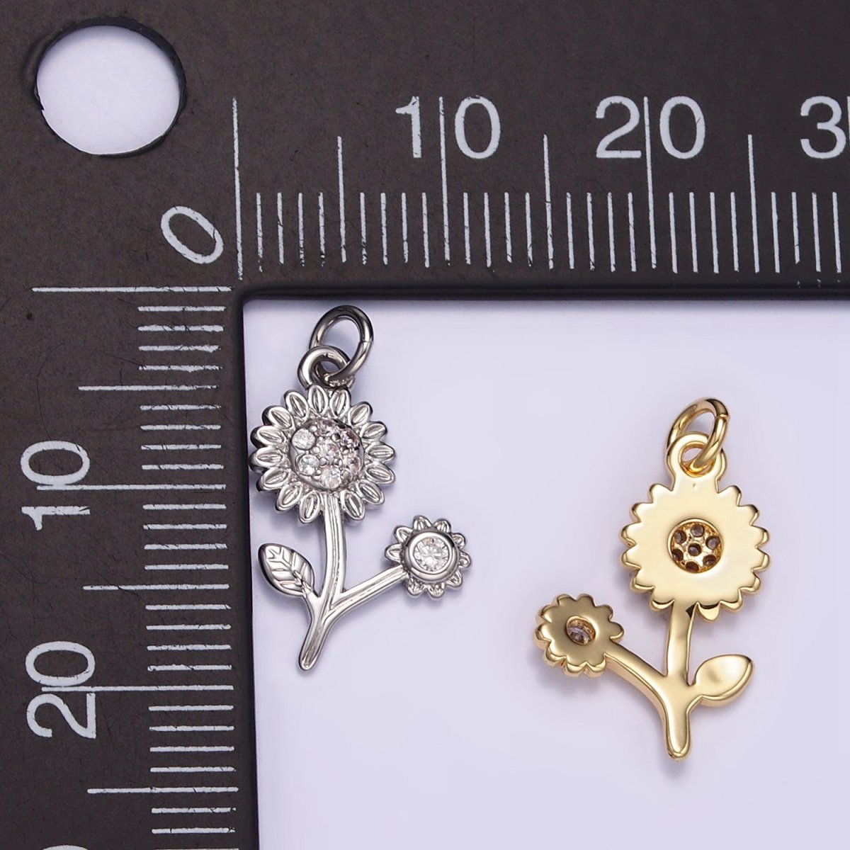 16K Gold Filled Micro Paved CZ Sunflower Charm in Gold & Silver | M117 - DLUXCA