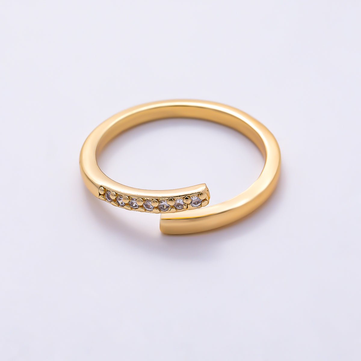 16K Gold Filled Minimalist Micro Paved CZ Asymmetric Bypass Adjustable Pinky Ring | Rings-00383 - DLUXCA