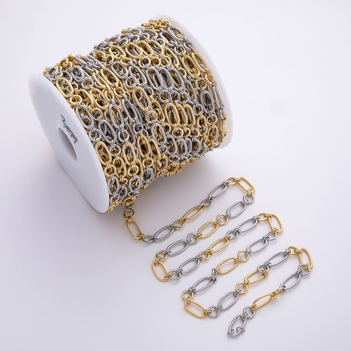 16K Gold Filled Mixed Metal Ribbed Oval Paperclip Unfinished Chain by Yard | Roll - 01871 - DLUXCA
